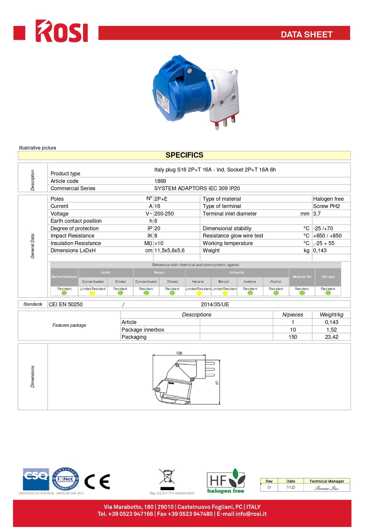 Adattatore industriale spina 16A + presa CEE 2P+T 220V