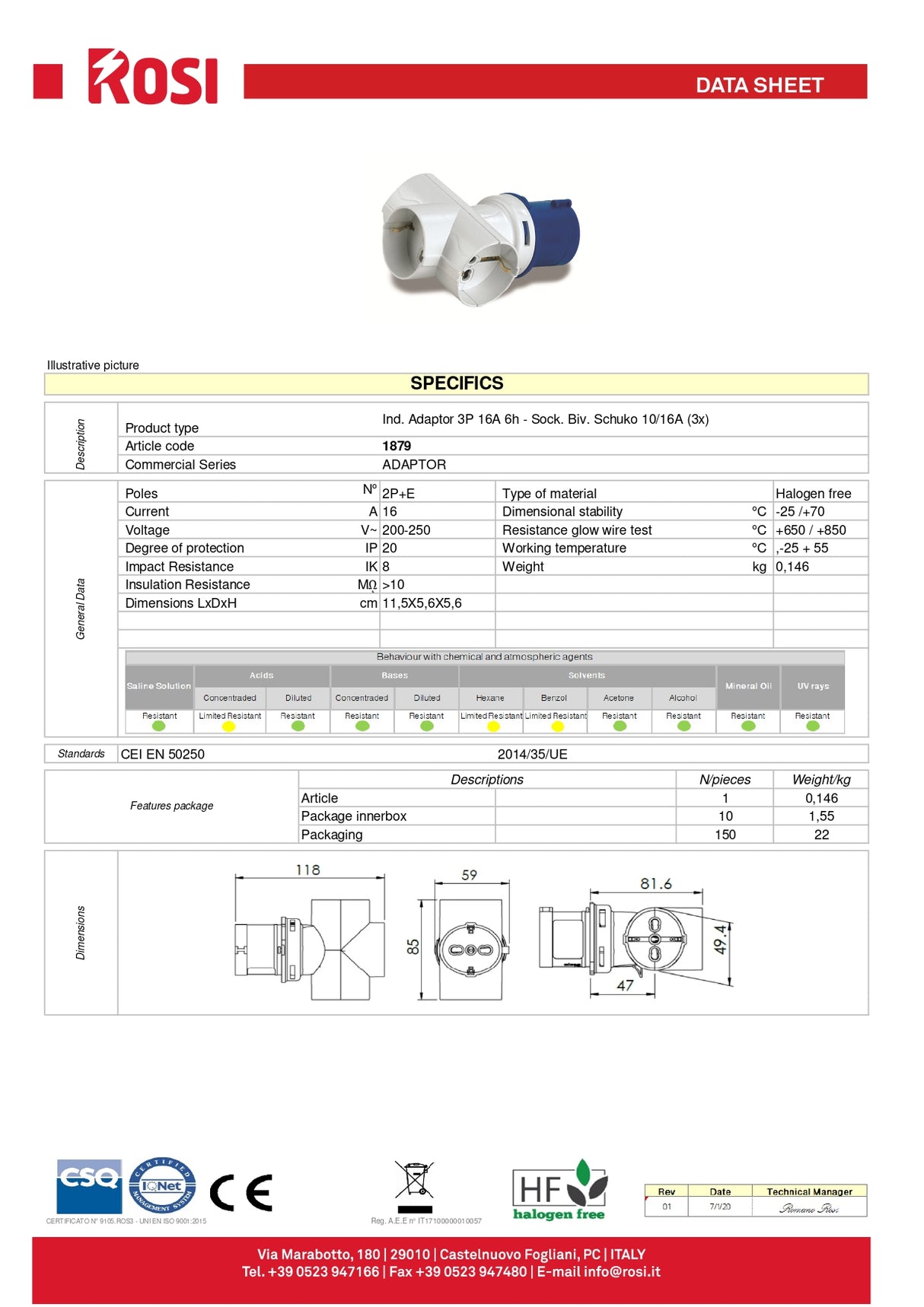 Adattatore industriale spina CEE + 3 Prese Biv. Schuko 10/16A - ROSI