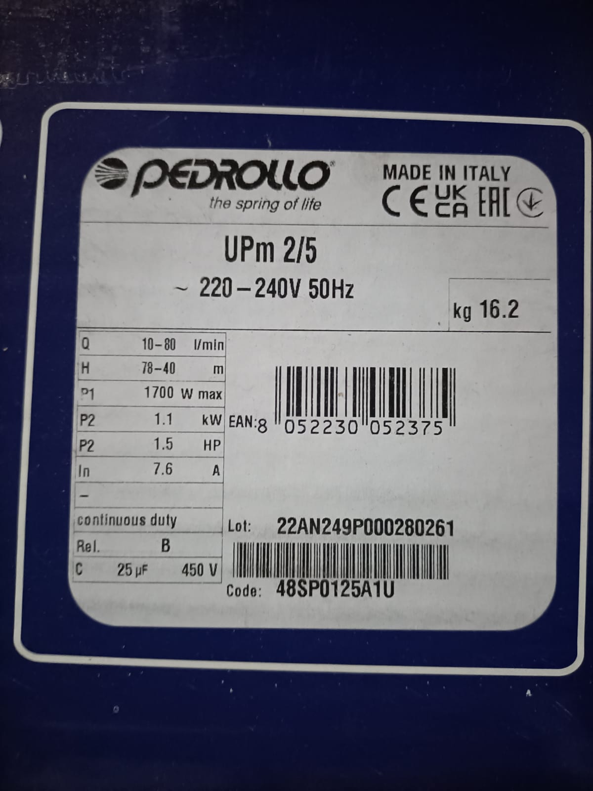 Elettropompa sommersa senza galleggiante 1,5HP - UPm 2/5 Pedrollo