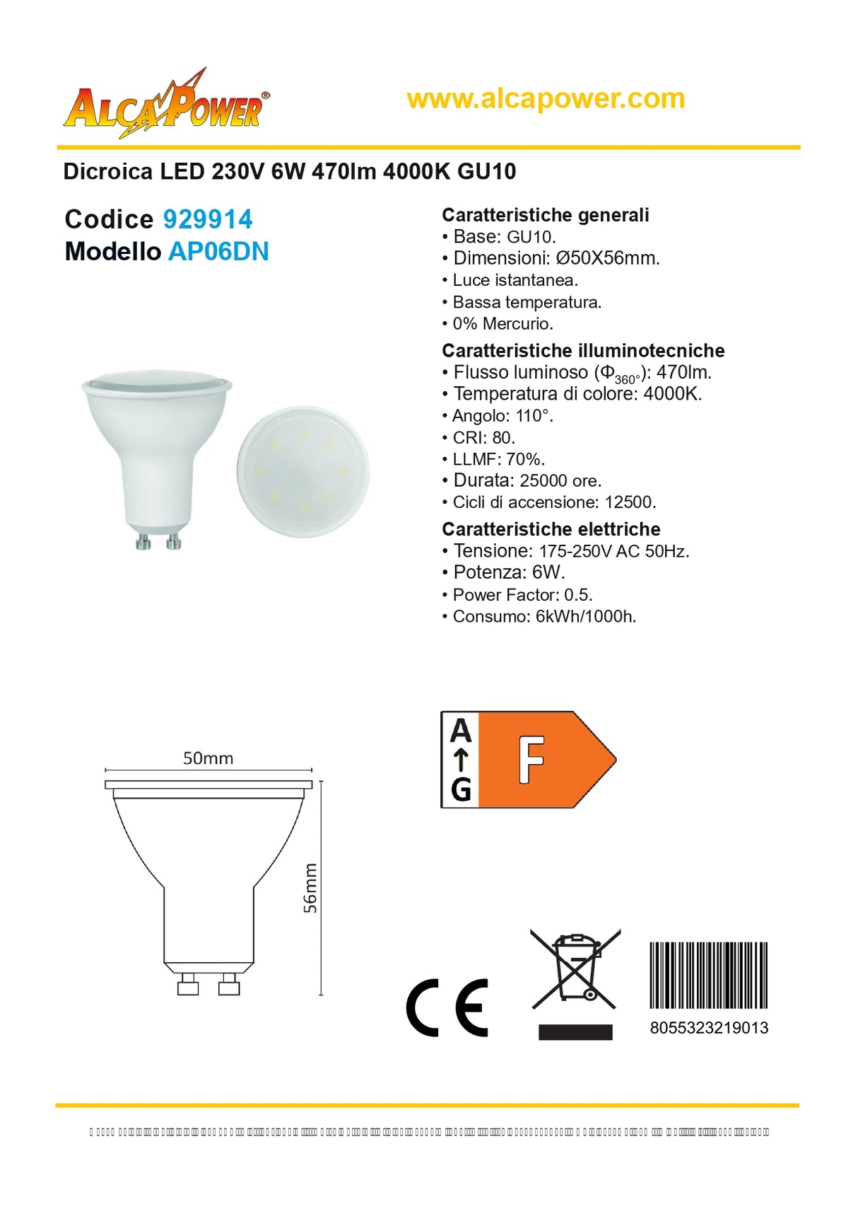 GU10 dichroic led bulb 6W 470lm natural light 4000K
