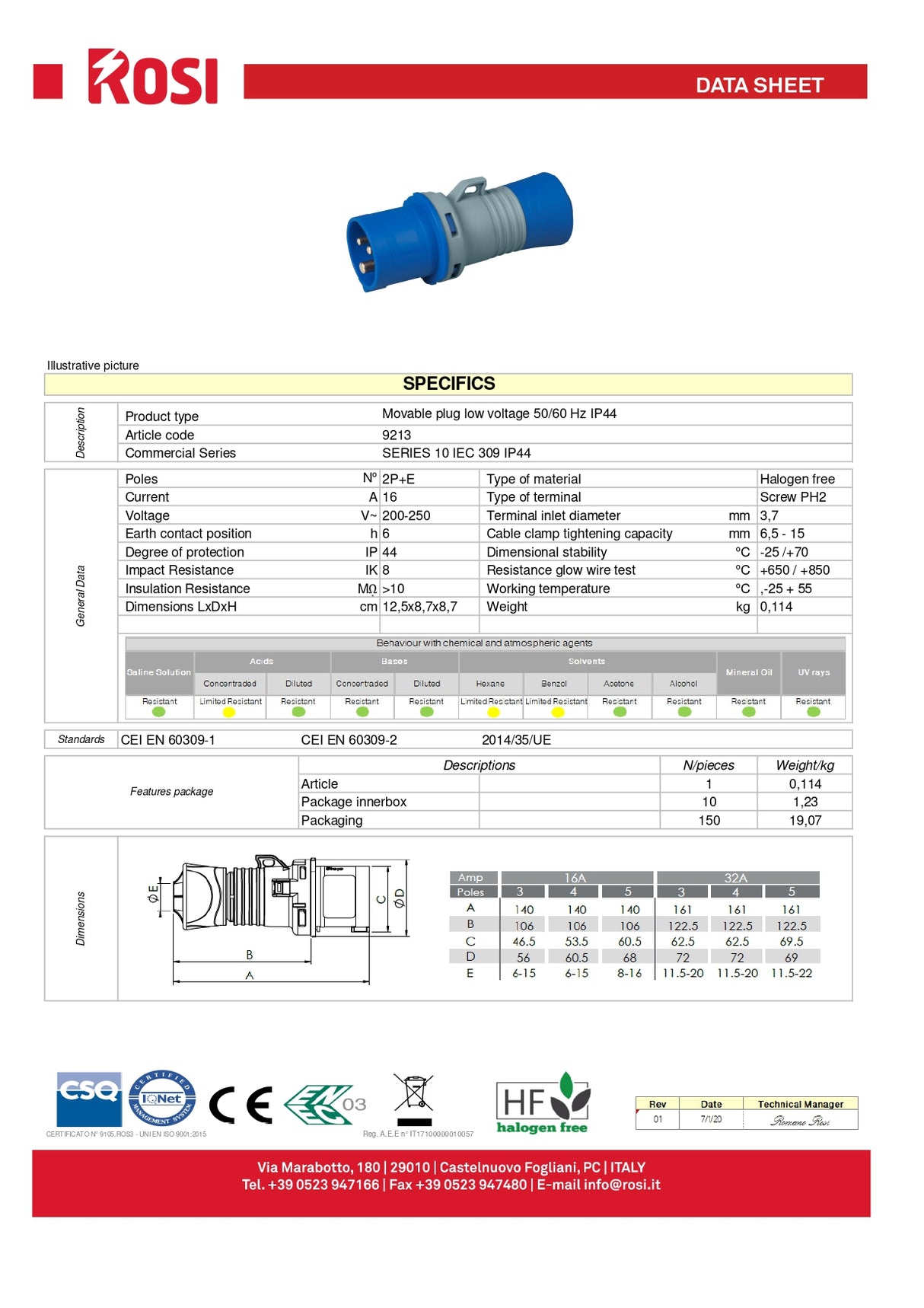 Spina volante industriale CEE 16A 2P+T 220V IP44 ROSI