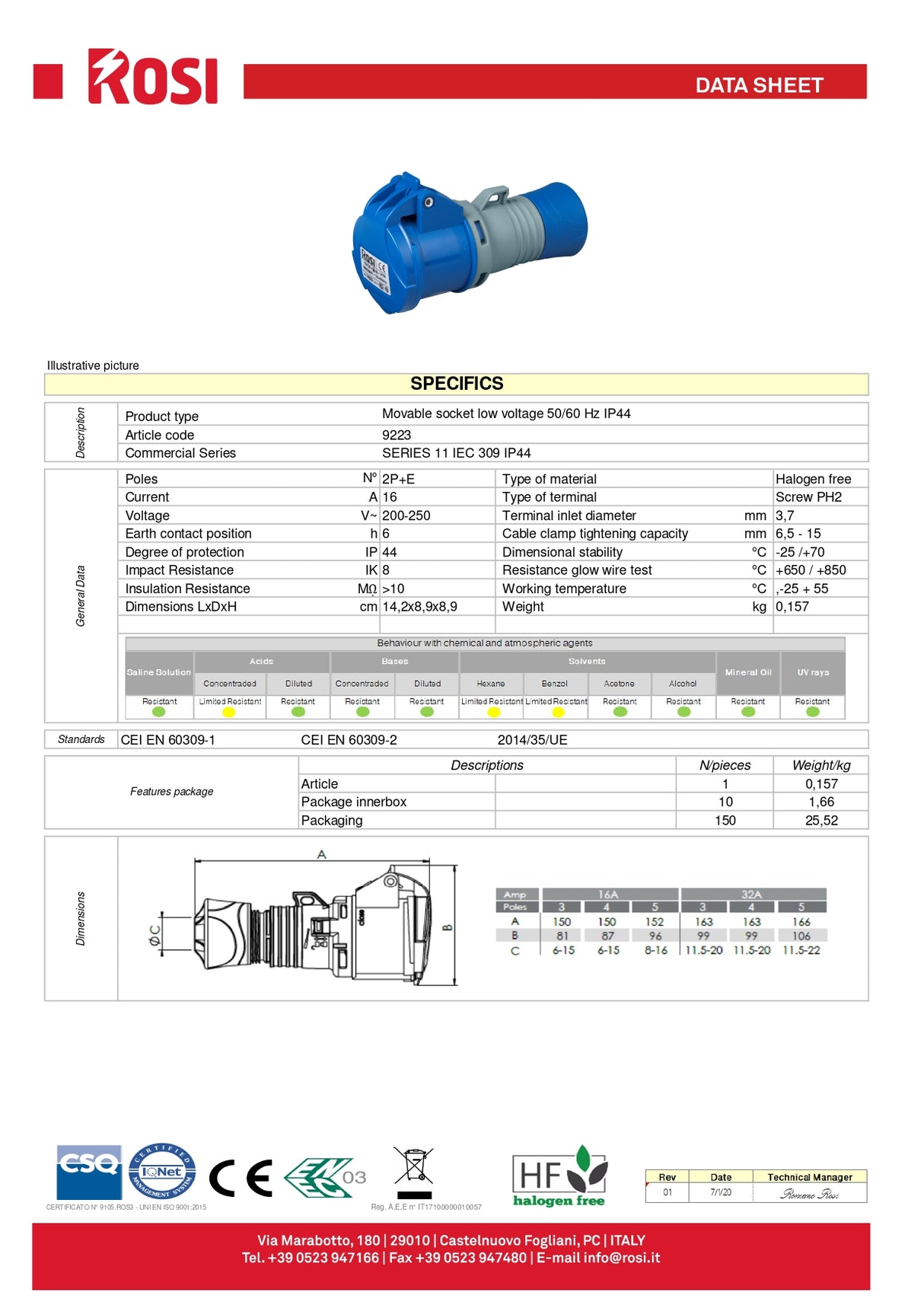 Industrial flying socket CEE 16A 2P+E 220V IP44 ROSI
