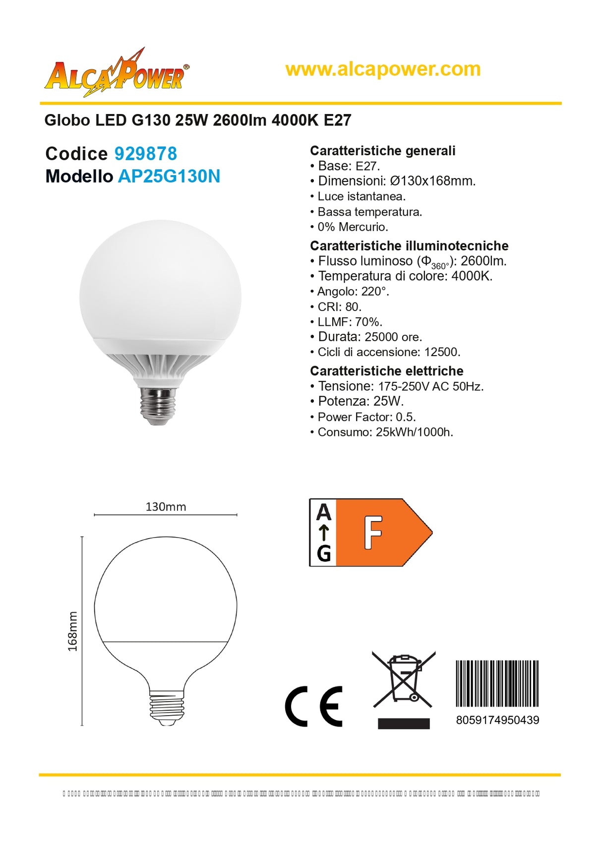 LED globe G130 25W 2600lm 4000K E27
