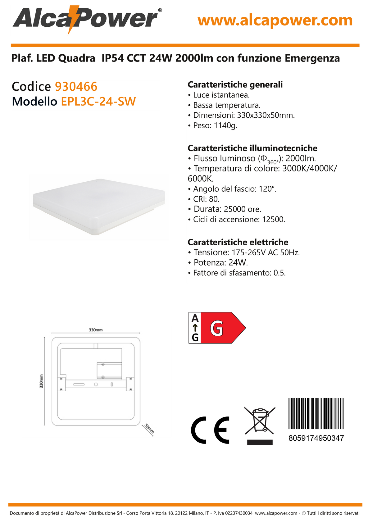 Plafoniera LED IP54 CCT 24W 2000lm con funzione emergenza
