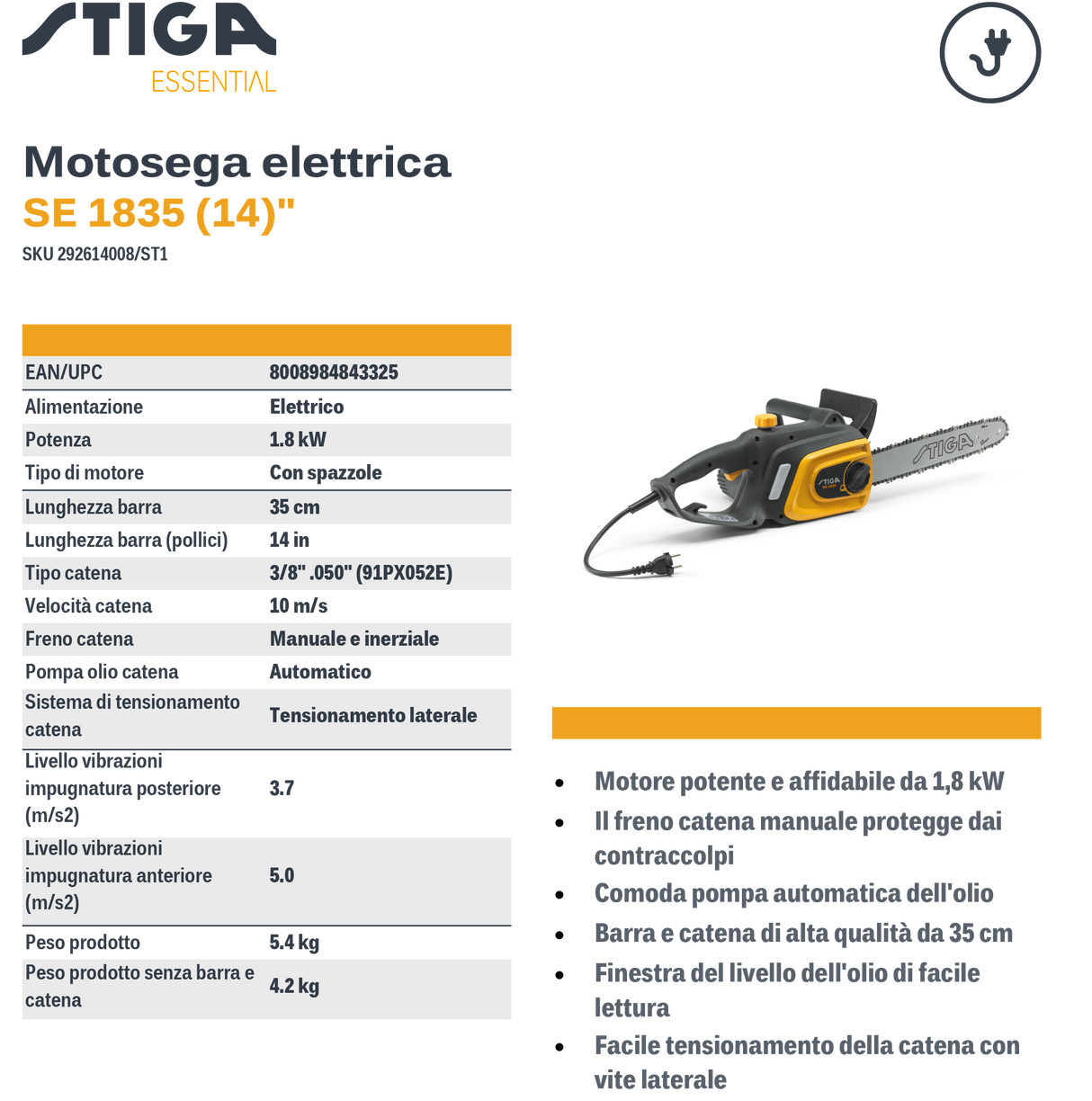 STIGA Motosega elettrica 1800W barra da 35cm SE 1835
