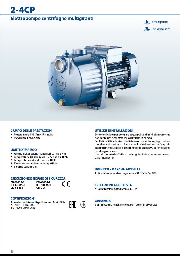 Leise Elektro-Kreiselpumpe mit mehreren Laufrädern PEDROLLO 3CPm80 PS. 0,6