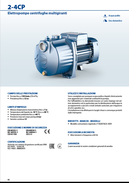 Elettropompa centrifuga multigirante silenziosa PEDROLLO