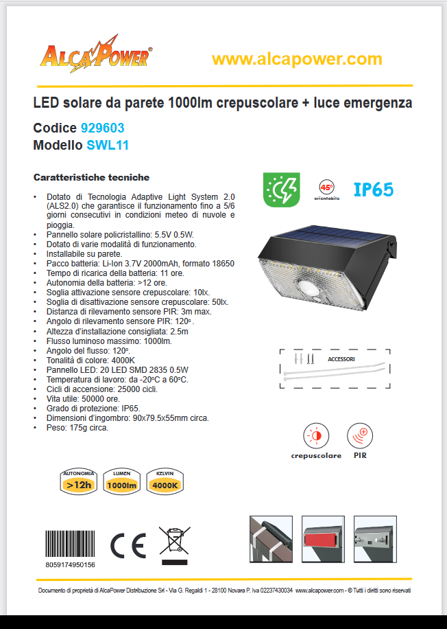 LED Solare da parete 1000lm con PIR+crepuscolare