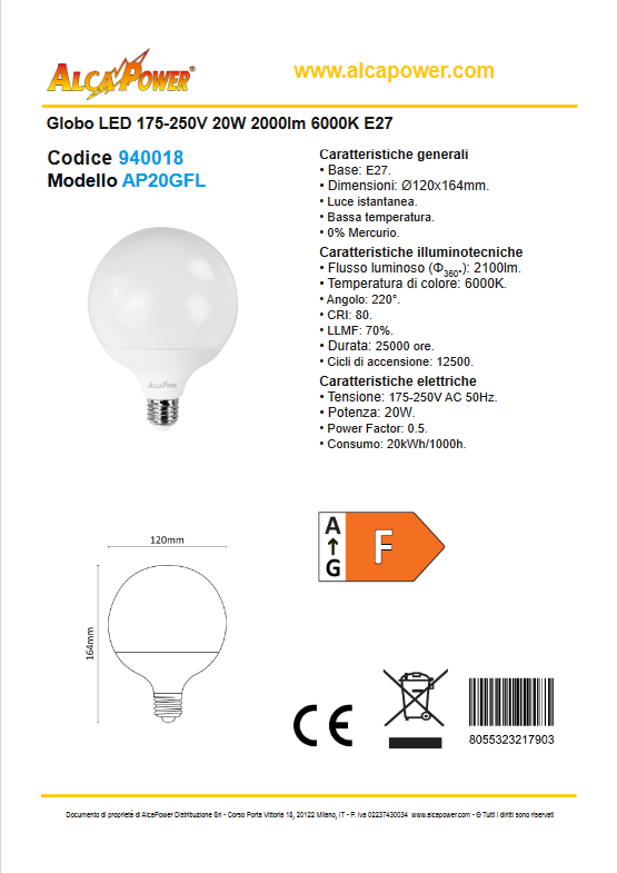 Globo LED 175-250V 20W 2100lm 6000K E27