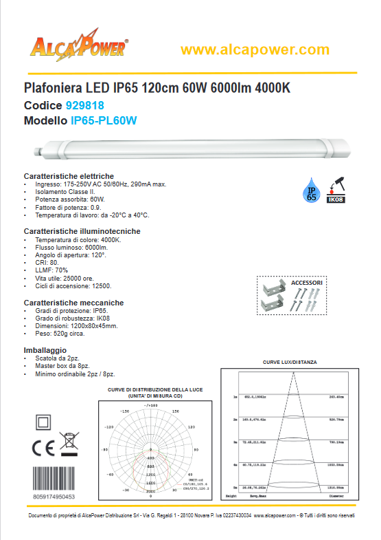 Plafoniera LED IP65 120cm 60W 6000lm 4000K