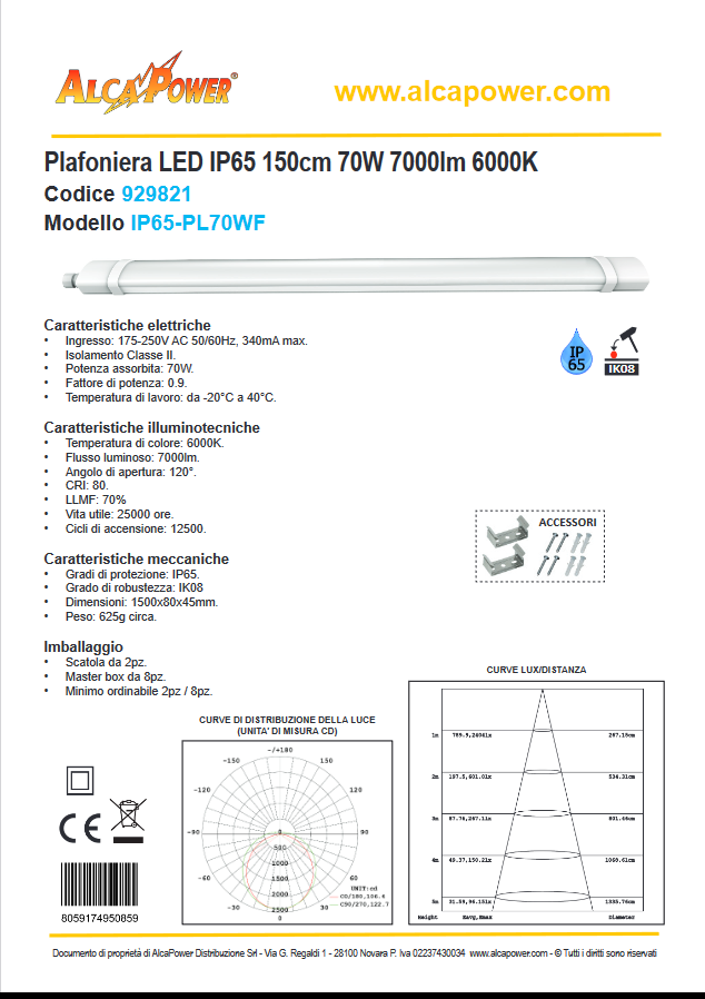 IP65 LED ceiling light 150cm 70W 7000lm 6000K