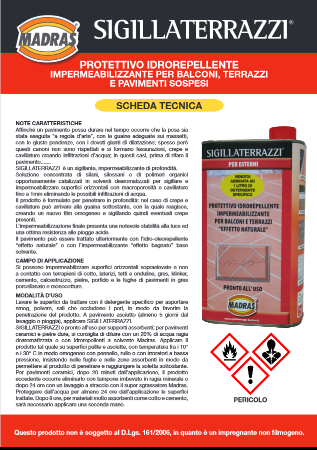 Protettivo idrorepellente impermeabilizzante per terrazzi 1LT - Sigillaterrazzi Madras