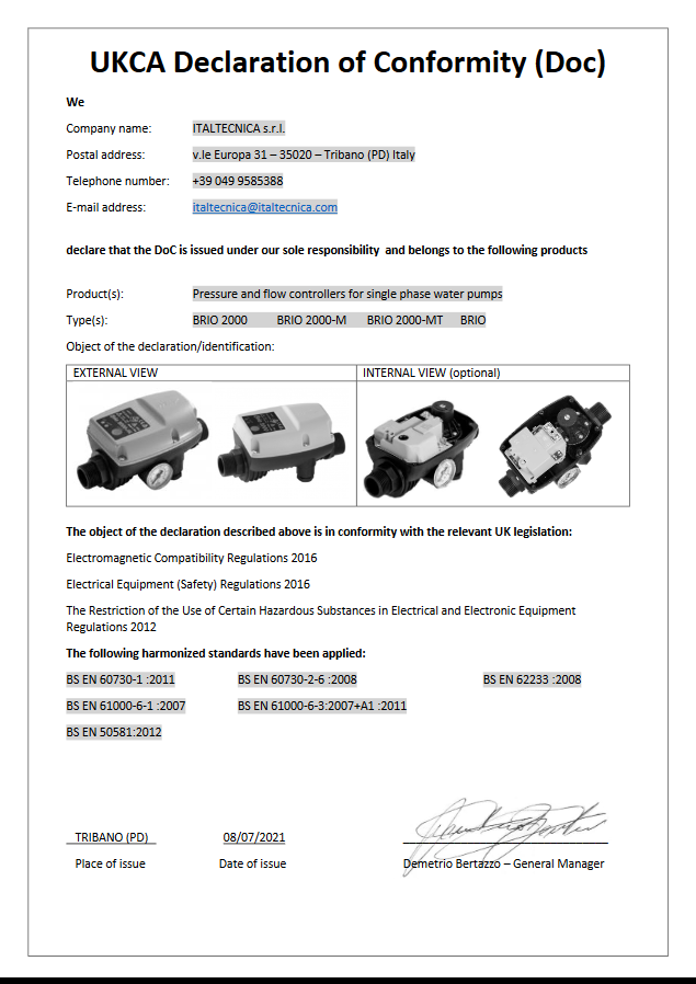 Presscontrol Elektronischer Druckregler für ITALTECNICA BRIO Elektropumpen