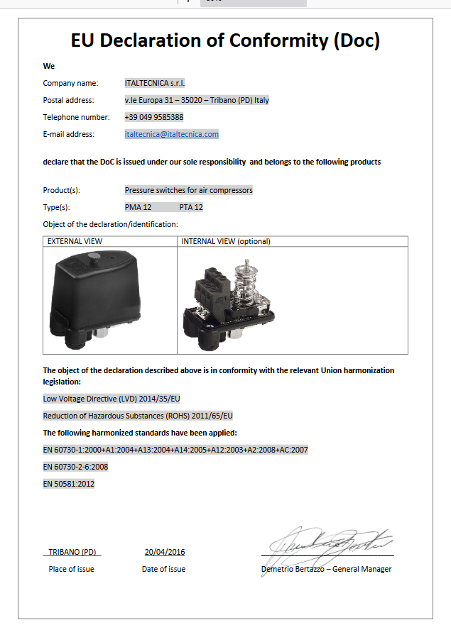 Luftdruckschalter für Kompressoren mit 14'' F-Anschluss - PMA12