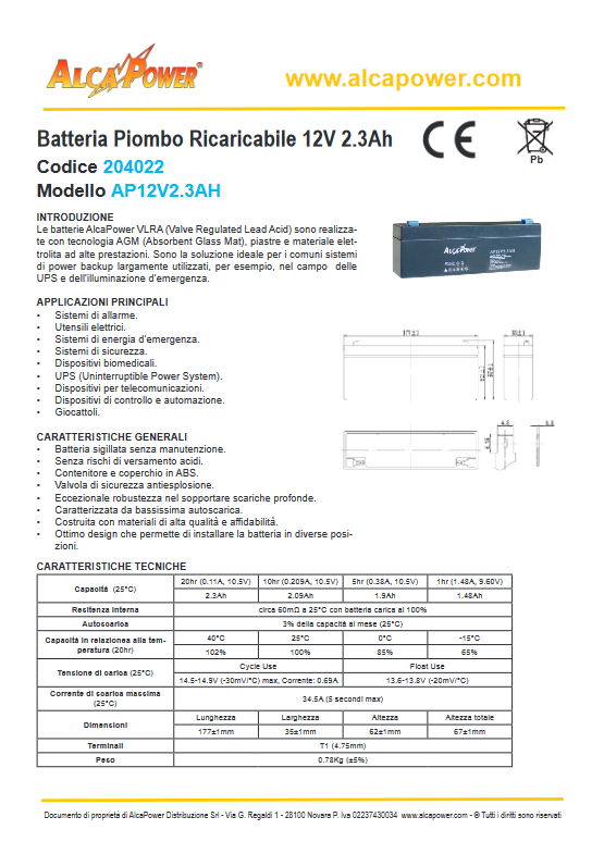 Hermetischer Bleiakku für Alarmanlagen 12V 2,3Ah
