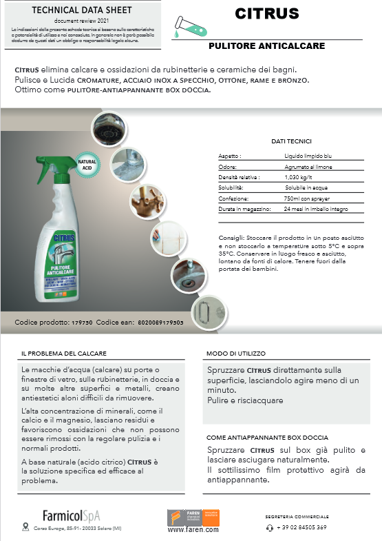 Anti-limescale cleaner for ceramic taps and shower cubicles 750ml CITRUS FAREN