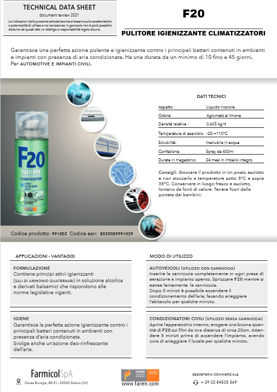 Spray igienizzante disinfettante per condizionatori e climatizzatori F20 FAREN