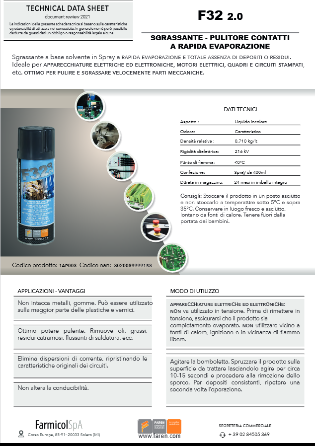 FAREN - Pulisci Contatti Secco F32 2.0 Spray 400ml | Rapida Evaporazione | Dielettrico 50.000V | Senza Residui