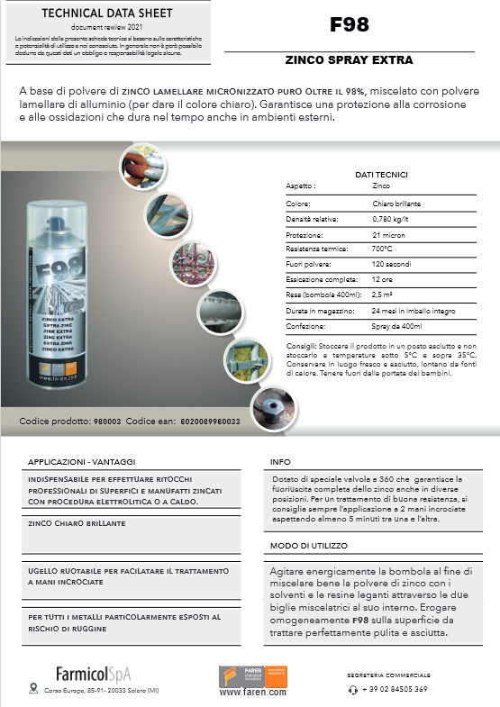 FAREN - F98 Extra Zinc | Zinco Spray 98% Puro | 400ml | Anticorrosione | Resistenza 300°C | Zincatura a Freddo