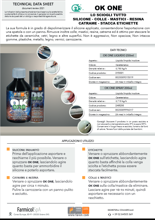 FAREN Rimuovi silicone – colle – mastici – resina - catrame – stacca le etichette Spray OK ONE