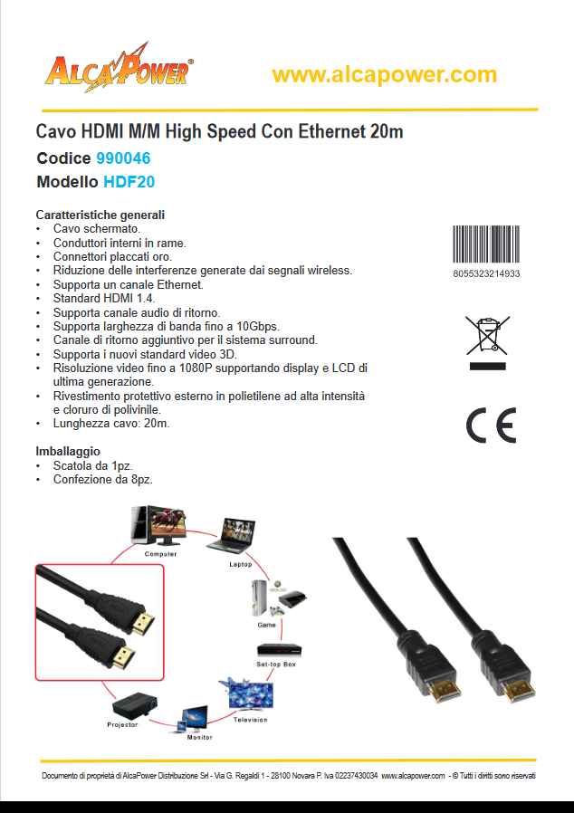 Hochgeschwindigkeits-HDMI-M/M-Kabel mit Ethernet 20 Meter - ALCAPOWER