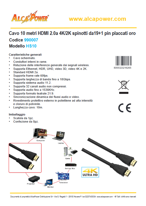 HDMI-Kabel 10 Meter 2.0a - 4K-2K Gold 19+1-Pin-Stecker - ALCAPOWER