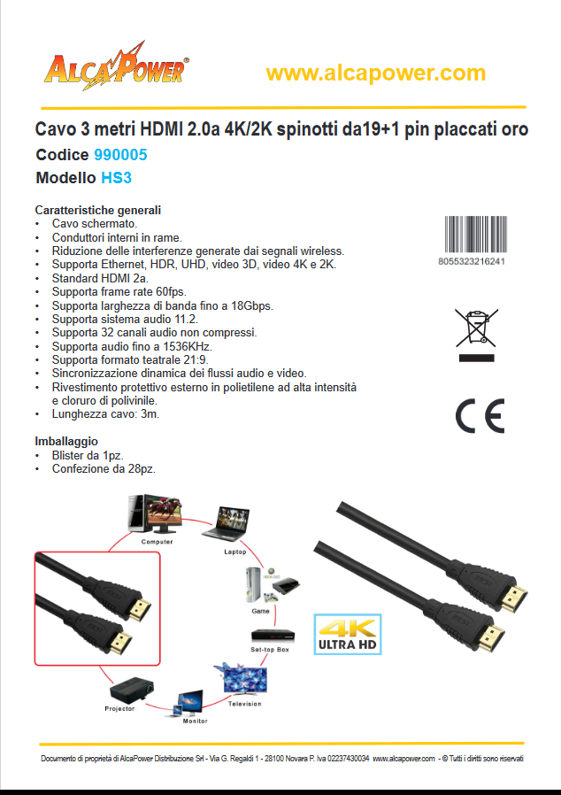 HDMI cable 3 meters 2.0a - 4K-2K Gold 19+1 pin plugs - ALCAPOWER