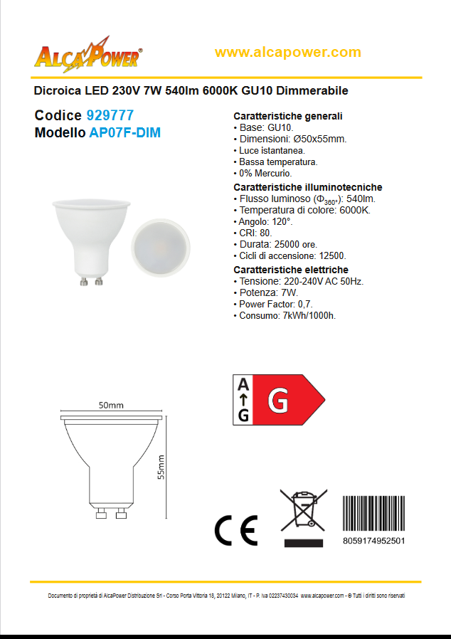 GU10 LED bulb 230V 7W 540lm cold light 6000K GU10 Dimmable - ALCAPOWER