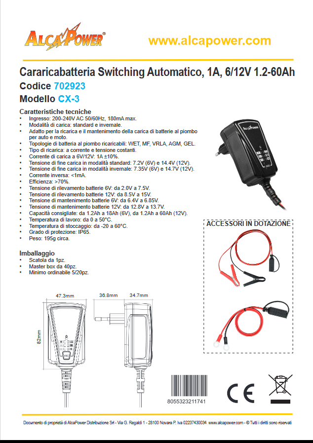 Cararicabatteria Switching Automatico con funzione mantenitore di carica 1A 6/12V - ALCAPOWER