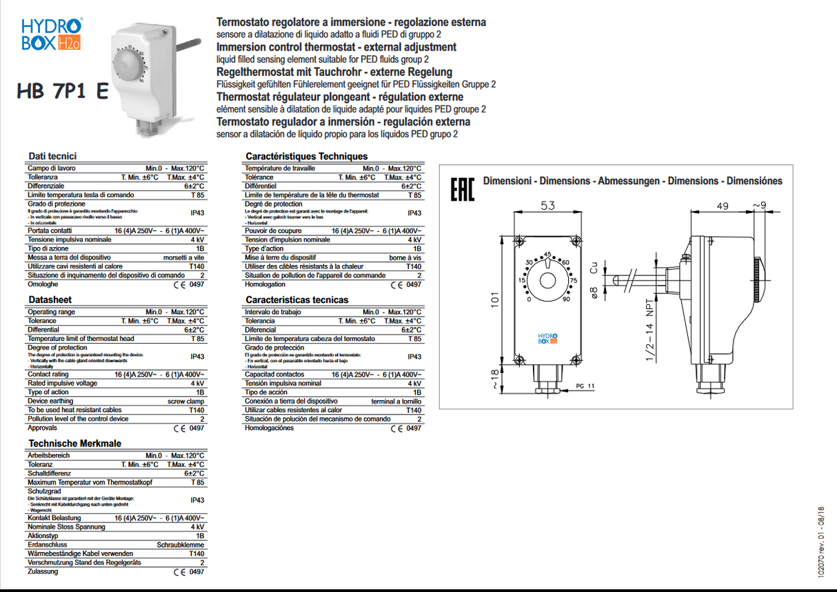 Immersion thermostat 0-90°C external regulation HB 7P1 E - 102070