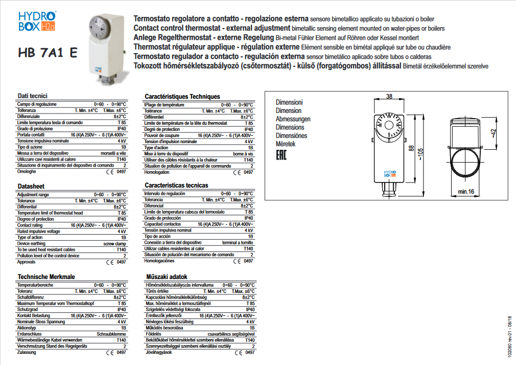 Contact thermostat 0-90°C external regulation HB 7A1 E - 102060