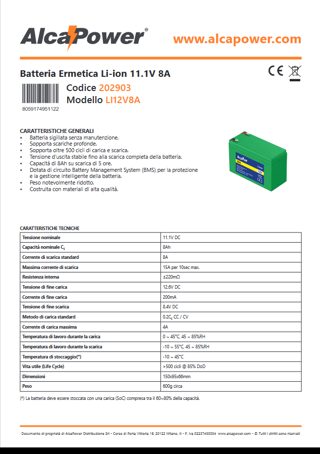 Hermetische Li-Ionen-Batterie 11,1 V 8 A - ALCAPOWER
