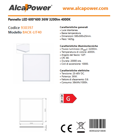 LED-Panel 600 x 600 36W 3200lm 4000K natürliches Licht