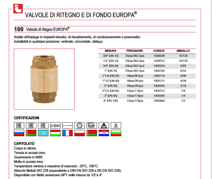 Valvola di ritegno in ottone 1/2 (DN 15) EUROPA® ITAP