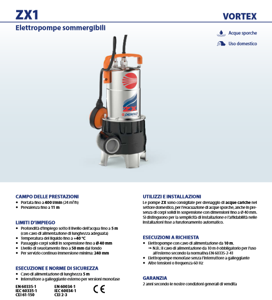 Elektrische Tauchpumpe PEDROLLO ZXm1A/40 VORTEX zur Entwässerung von Senkgruben und Abwässern