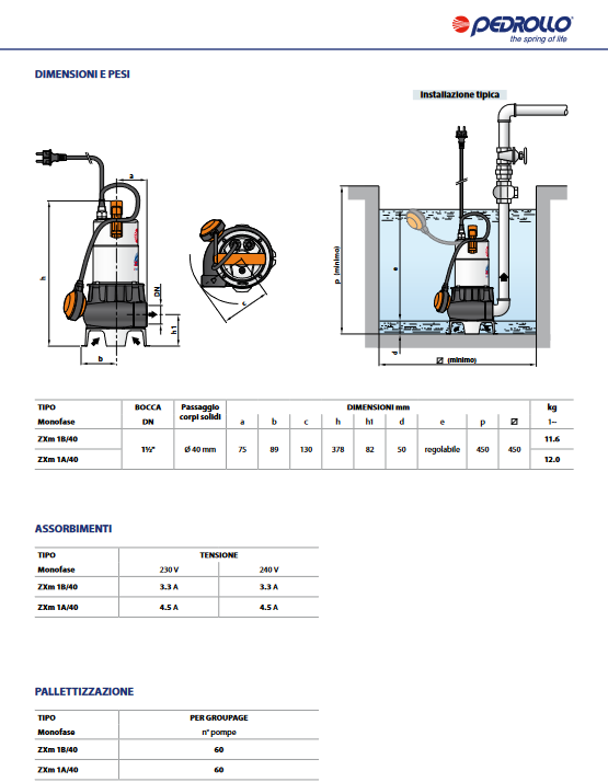 Elektrische Tauchpumpe PEDROLLO ZXm1A/40 VORTEX zur Entwässerung von Senkgruben und Abwässern