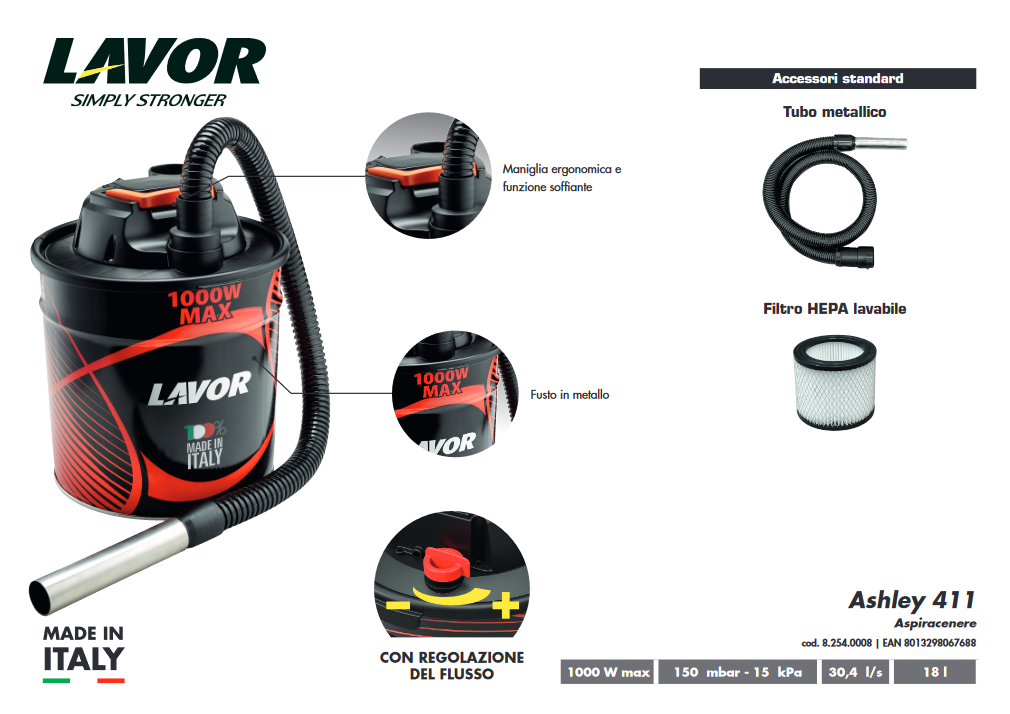 Aspiracenere 1000W ASHLEY 411 - LAVOR