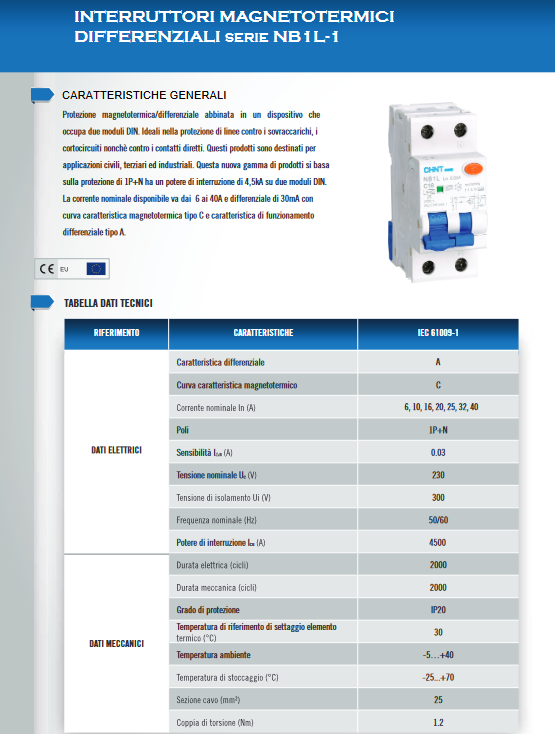 CHINT Interruttore magnetotermico differenziale 2 moduli 1P+N 30mA 4,5kA Curva C Tipo A