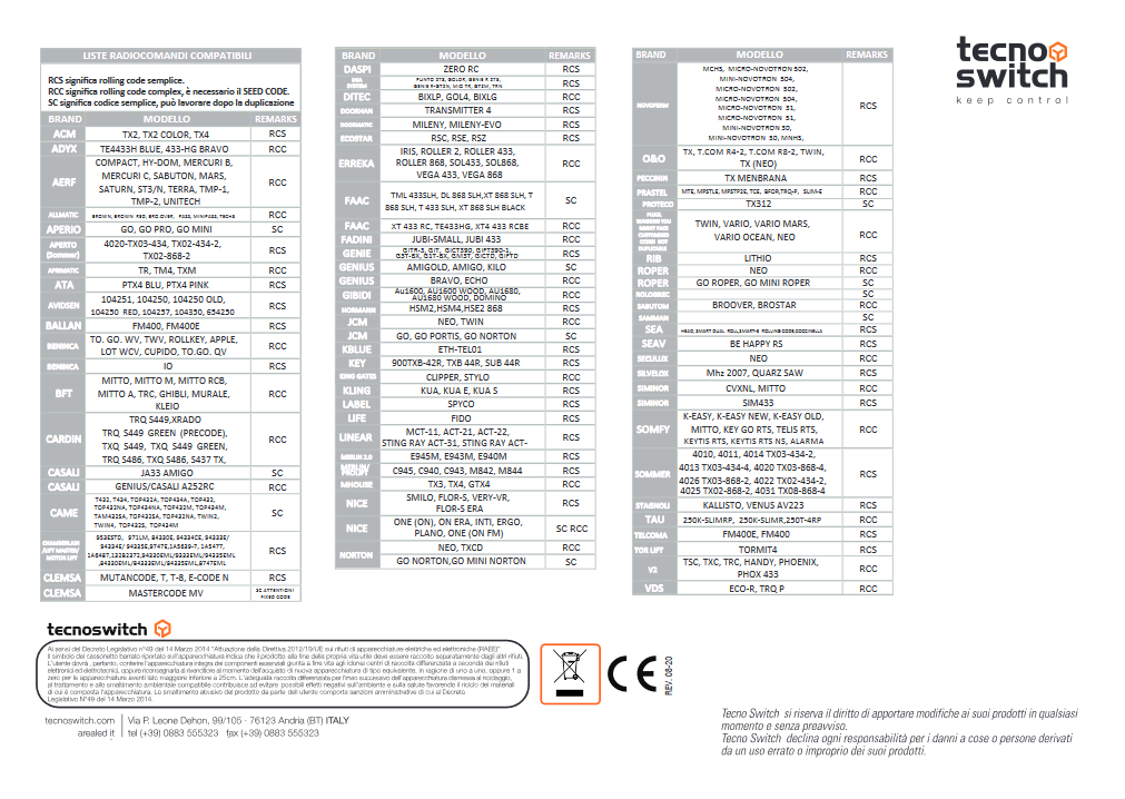 Tecno Switch Telecomando universale multifrequenza a codice fisso e rolling code
