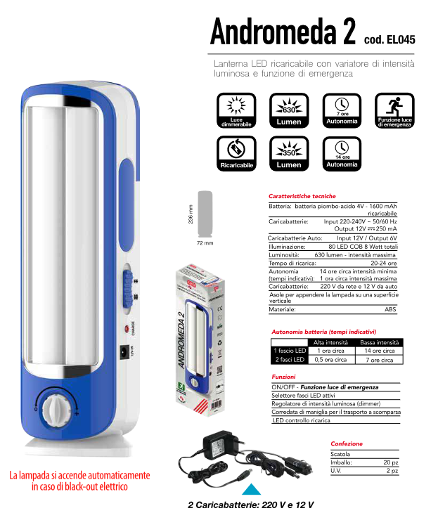 Lampada ricaricabile a led 630 Lumen - Andromeda 2