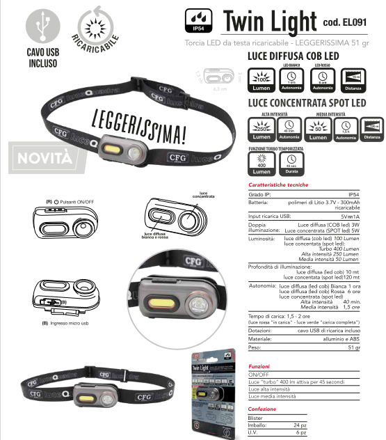Torcia ricaricabile da testa 400 lumen - TWIN LIGHT