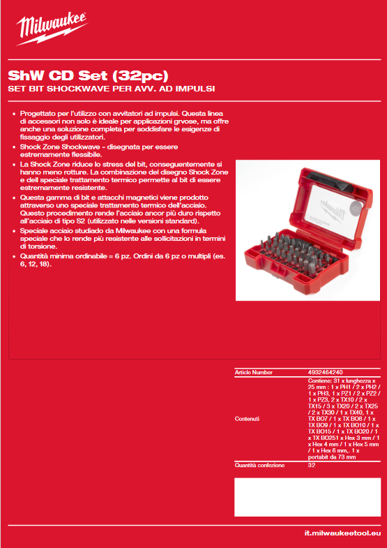 Set 32 inserti bit per avvitatori ad impulsi Shockwave - MILWAUKEE