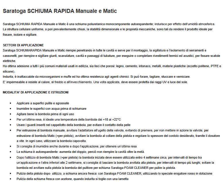 Schiuma rapida poliuretanica 750ml - Saratoga