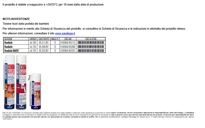 Schiuma rapida poliuretanica 750ml - Saratoga