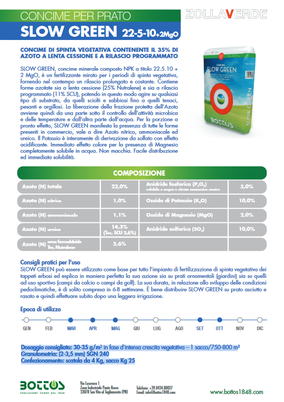 Concime fertilizzante "Slow Green 22-5-10+2MgO" confezione 4kg - BOTTOS