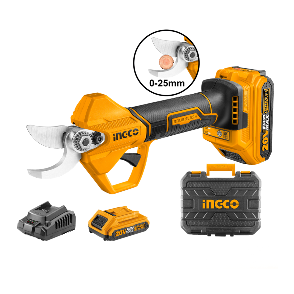 20V cordless pruning shears with battery and battery charger - Ø25 cut - INGCO