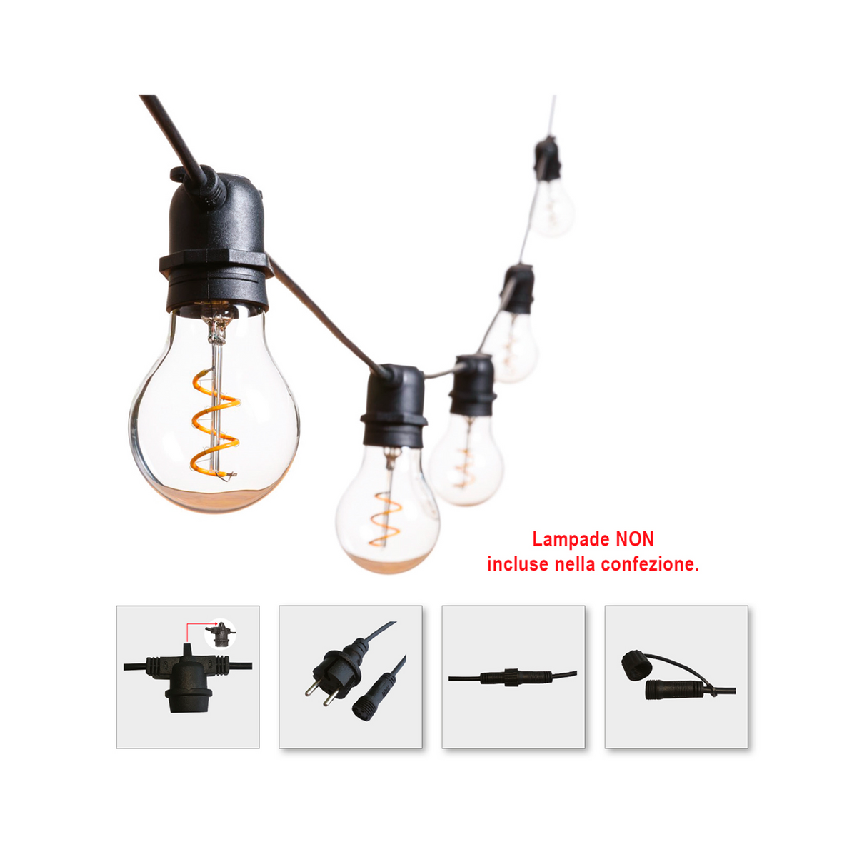 Catena luminosa da giardino con 10 portalampade E27 - Nera - 11.5mt