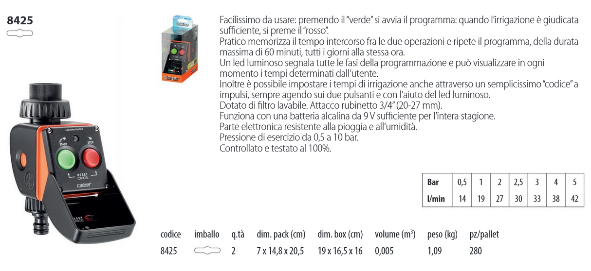 Centralina programmatore acqua PRATICO CLABER 8425 Irrigazione giardino prato
