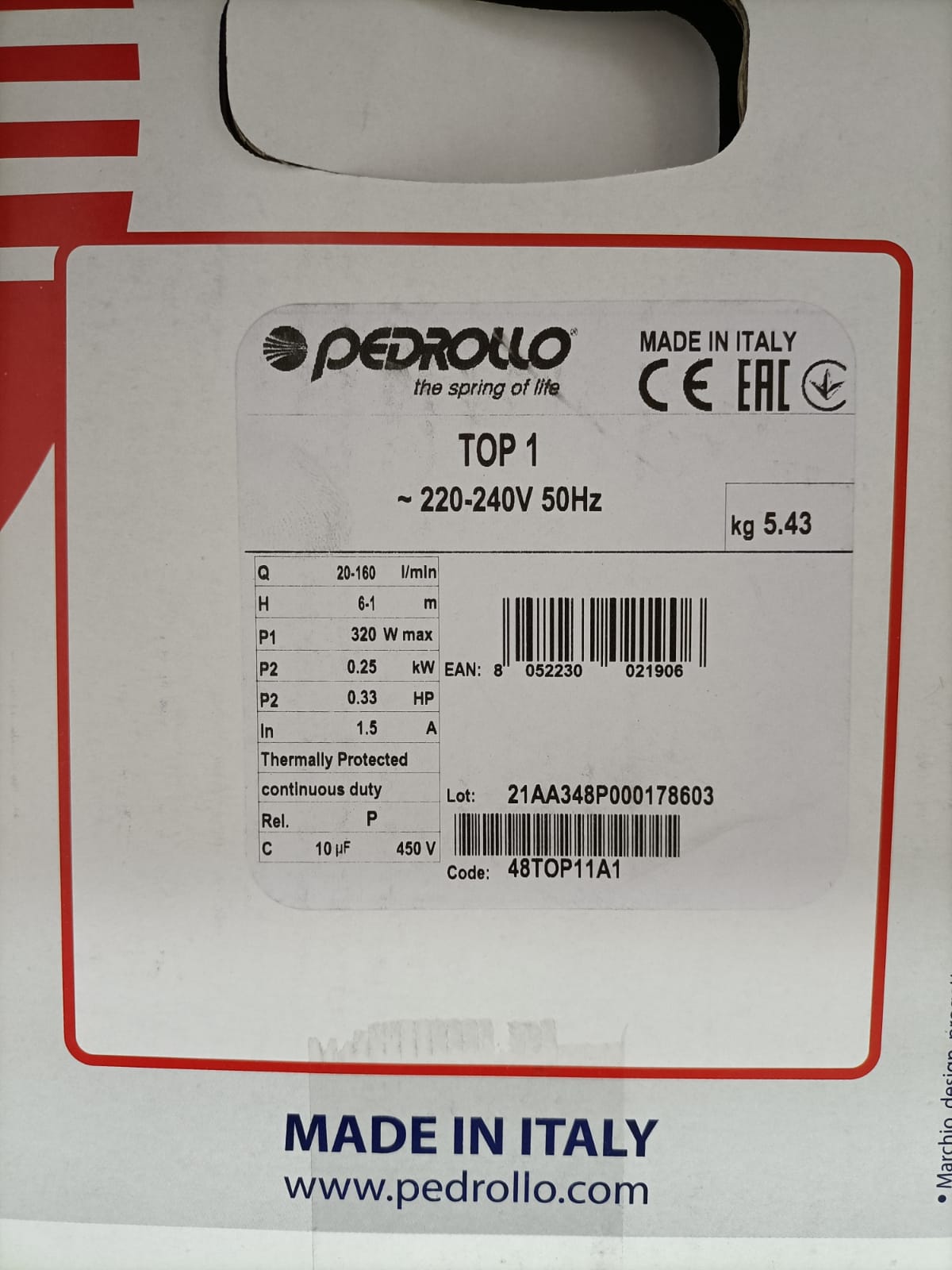 PEDROLLO Elettropompa sommergibile per drenaggio acque chiare 0,33HP TOP1