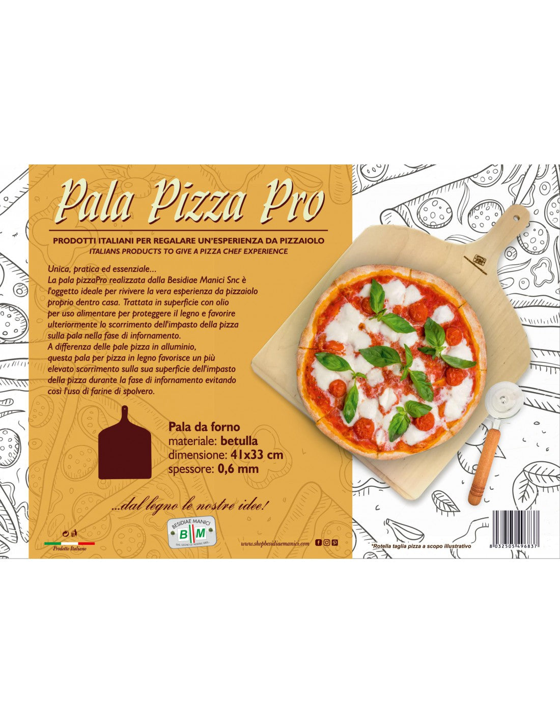 Pizzaschaufel aus Birkenholz, Maße 41x33 cm, Dicke 0,6 mm